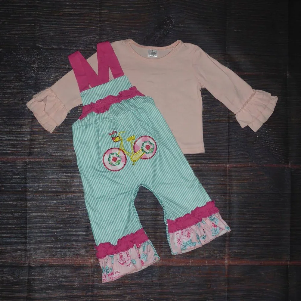 Boutique Baby Girls Bicycle Ruffle Overalls Outfit Set